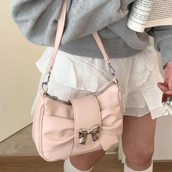 Сумки для плеча Xiuya Pink Bow Womens Bag Корейский модный колледж в стиле элегантная сумочка квадратная плиссированная сладкая повседневная кожаная подмышка