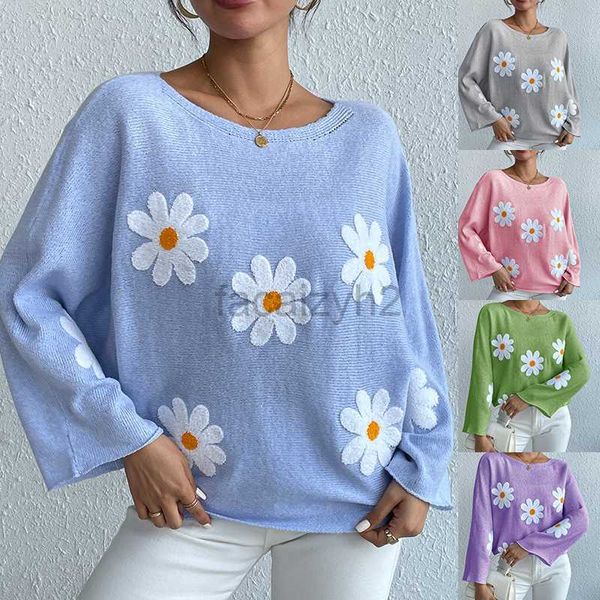 Damen T -Shirt Sexy Tees süße Blume lose gestrickte Top 2024 Neu gestickte einen Schulterpullover Pullover Plus Size Tops