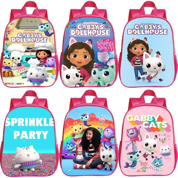 Mochilas Kawaii Kids Gabby Cats Bolsas Escolares Bolsa de Jardim de Infância Anime Gabby's Dollhouse Backpacks Girls Pré -escolares Rusksack Children Backpack