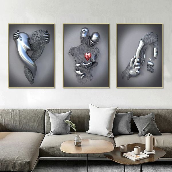 3pcs Modern Metal Figura Estátua Arte da parede Posters Românticos Pintura de impressão de impressão Bedro Quarto Interior Home Decoration Gifts 240418