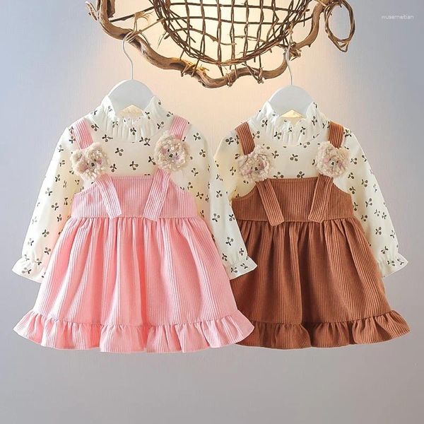 Abiti da ragazza Abito da manica lunga per bambini Floreale adorabile cinghia di orso in stile cinghia di moda Pogramma carino pografica per bambino 1-6 anni