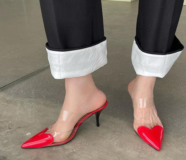 Vestido sapatos liyke moda de maneira vermelha em forma de coração pontiagudo de ponta de salto alto as mulas de salto alto lamines pvc strap ladies vestidos bombas de sandálias 23023547062