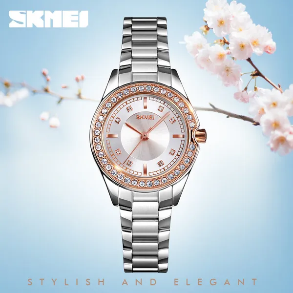 Skmei vende um elegante relógio coreano de quartzo feminino coreano com anel de diamante