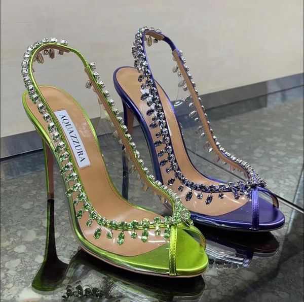 Aquazzura Crystal lustre bombas sapatos de vestido PVC Sapatos de salto de salto noturno embelezados de cristal com cristal 105 mm de designers de luxo com caixa com caixa