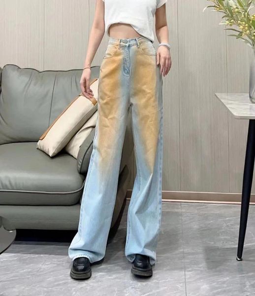 Женские джинсы Широкие штаны для девочек на весну и осень 2024 г. Мода показывает желтые постепенные высокие талию 028