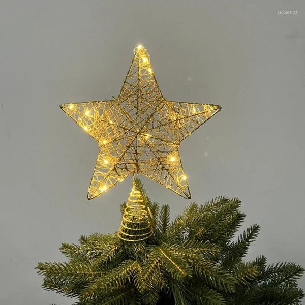 Decorazione per feste luminosa albero di Natale top a cinque se stelle a punta arte ferro arte 25 cm Festiva Hollow Gold 3D Holiday Year