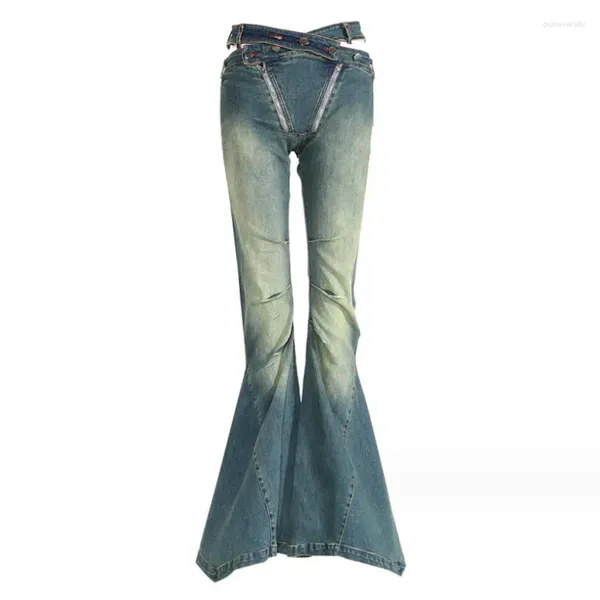 Kadınlar Kot Moda Yüksek Bel İçi Boş Out Bandaj Çift Fermuarı Katlar Eklenmiş Denim Flare Pants 2024 Tasarım Pantolonları W829