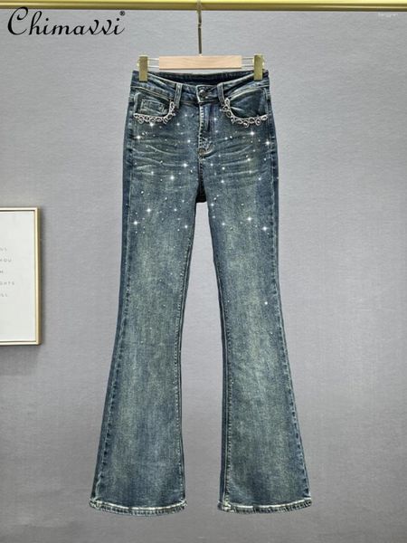 Jeans feminino Fashion Cowboy Bell Bottom calça Mulheres 2024 Autumn Ladies Streting High Waist Street Slim Diamond Denim Troushers