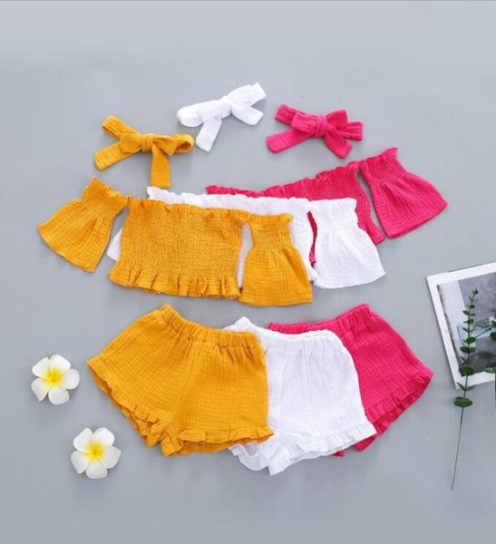 Summer Girls Cotton Clothing Sets Color Solid One Line ombro com jaqueta plissada de peito e shorts set5817372