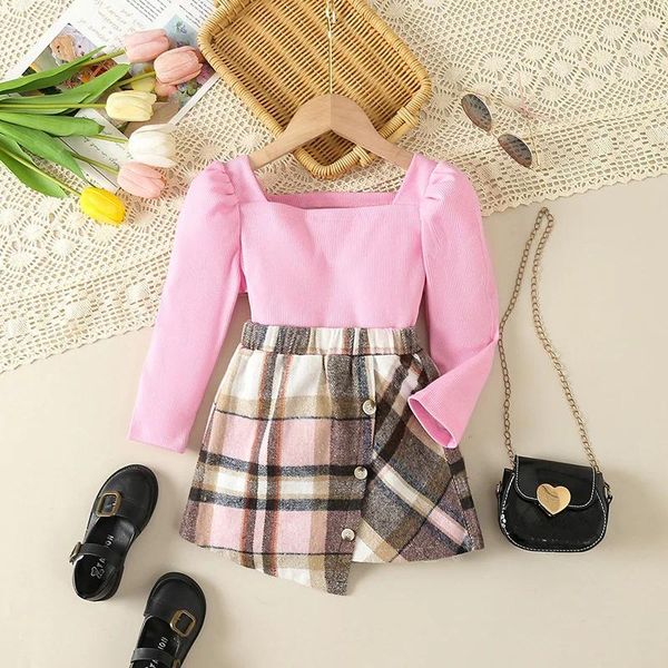 Roupas conjuntos de roupas para meninas roupas de menina configurada outono rosa de manga longa tópicos de punhal de punho da saia