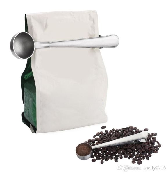 Café de aço inoxidável Medição da colher com clipe de vedação de bolsa Prata Multifuncional geléia de sorvete de sorvete de frutas colher cozinha acessório de cozinha8875426