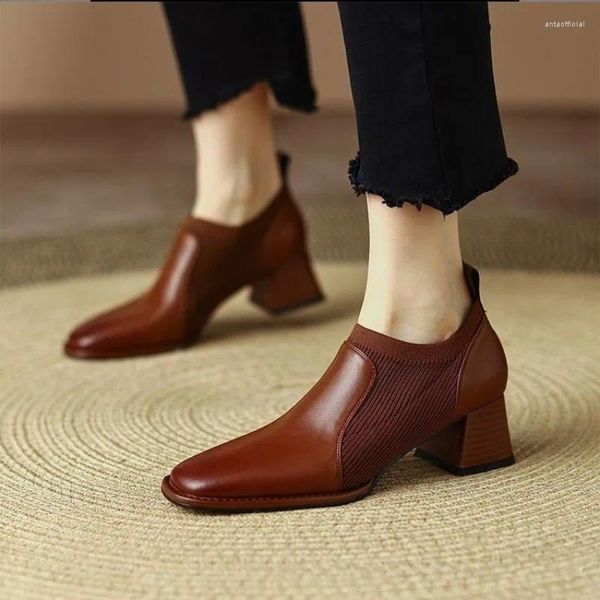 Elbise Ayakkabı 2024 Kalın Topuk Yüksek Topuklu Kadın İlkbahar ve Sonbahar Çıplak Botlar Kahverengi İngiliz Stil Küçük Deri