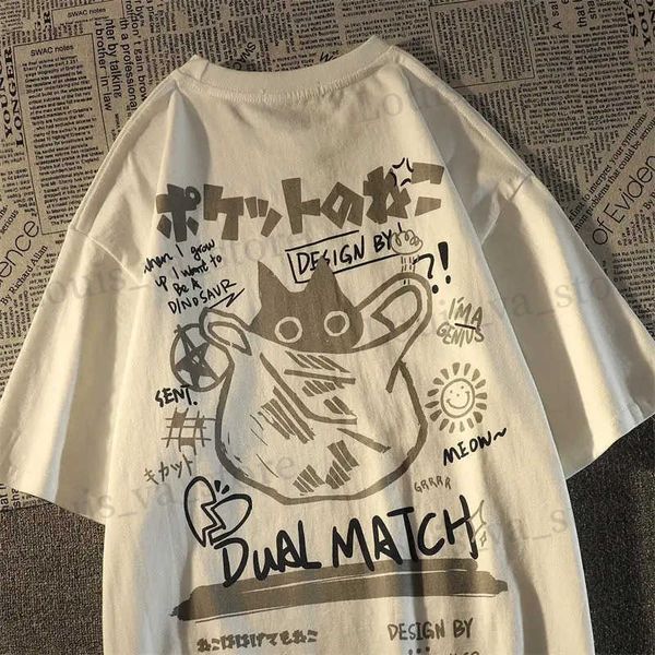 Camisetas masculinas de verão feminino desenho animado cato impressão de gato camiseta curta camiseta de camiseta de camiseta curta tshirts tshirts moda tops homens y2k tops t240419