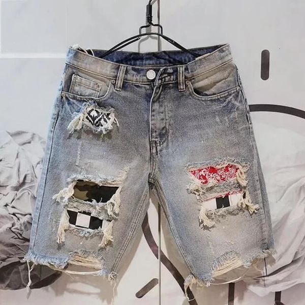 Summer mass moda hole jeans shorts raspados de cinco peças Hip Hop Beggar Pants Men Jeans de shorts 240412