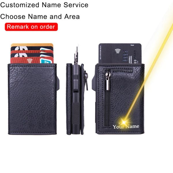 Brieftaschen benutzerdefinierte Gravur Brieftasche Kreditkartenhalter Männer Leder Brieftasche Antithief RFID Smart Wallet Cardinhalte Münzen Taschen Reißverschluss Geldbörsen
