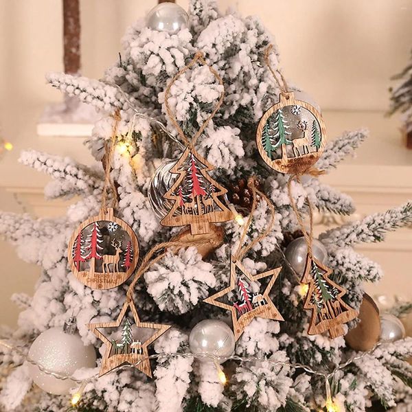 Decorazioni natalizie Canodata in perline di cristallo per albero della porta 3d cavo out a sospensione colorato in legno rotondo sei pezzi set di impiccagione