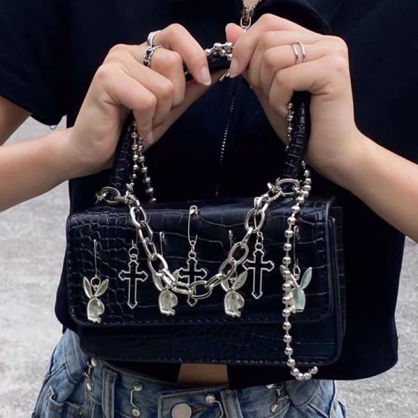 Clutine American Fashion Y2K Harajuku Ulzzang Crocodile Pattern Square Ladies Dark Messenger Bag Dark Mini Mini Punk Gothic Women Borse a mano