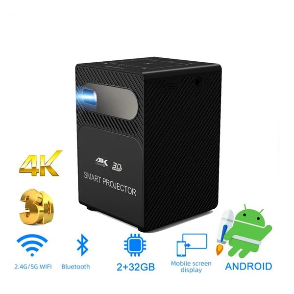 P18 HD 4K Gerçek 3D DLP Mini Projektör Android 9.0 WiFi LED SMART Taşınabilir ProYektör Bluetooth Airplay Dahili Pil