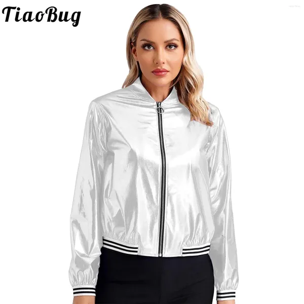 Giacche da donna Costumi olografici Metallic Shiny Silver Bomber Giacca a maniche lunghe Coperta Front Coper