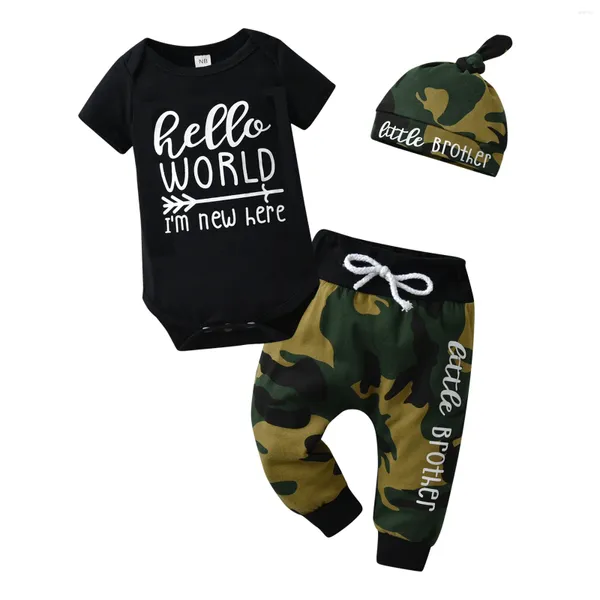 Roupas de roupas para meninos bebês roupas de moda conjunto de algodão Manga de manga curta Top com letras camufladas de calça longa 3pcs Born Outfit