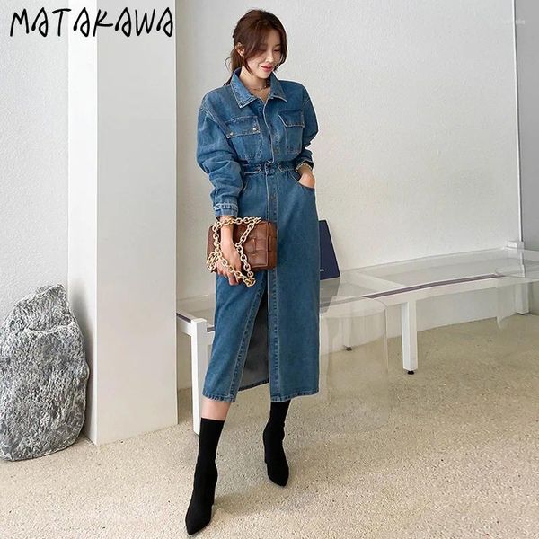 Lässige Kleider Matakawa Denim Frauen Solid Single Breaaaken koreanische Mode Vintage Vestidos Mujer Herbst Winter Elegant Robe Femme