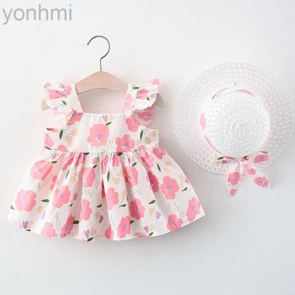 Девушки платья 2 -й штук летние наряд костюмы для маленьких девушек для малышей платья Корейские милые цветы Принцесс -пляжное платье+одежда для новорожденных Sunhat 067 D240423