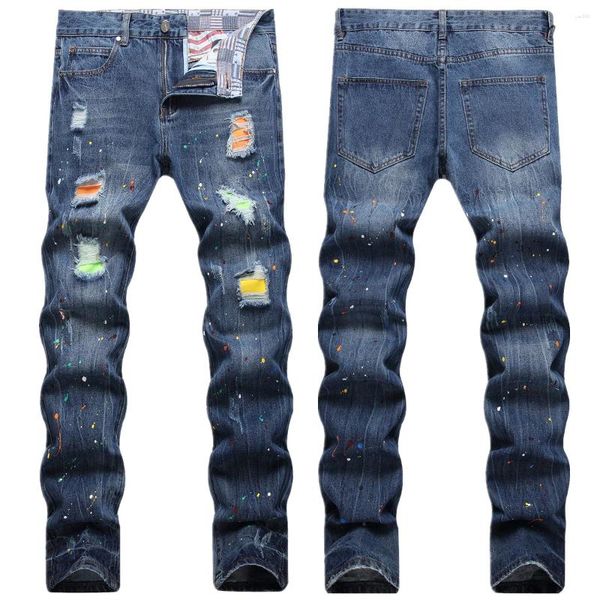 Calças de jeans masculinas Cross Border Border Autumn Patch Moda Moda Slim-Fit Shake Paint Fete Small Pé