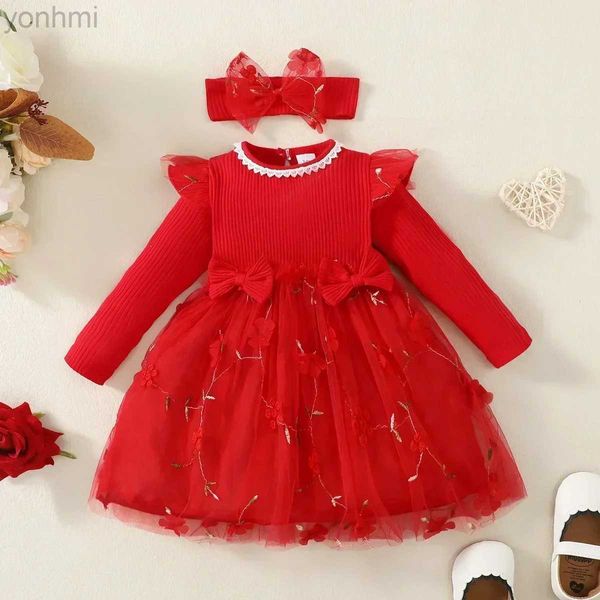 Vestidos de menina primavera outono recém -nascido vestidos de menina para menina princesa renda na primeira aniversário de menina vestidos de festa vermelha vestidos de moda infantil d240423