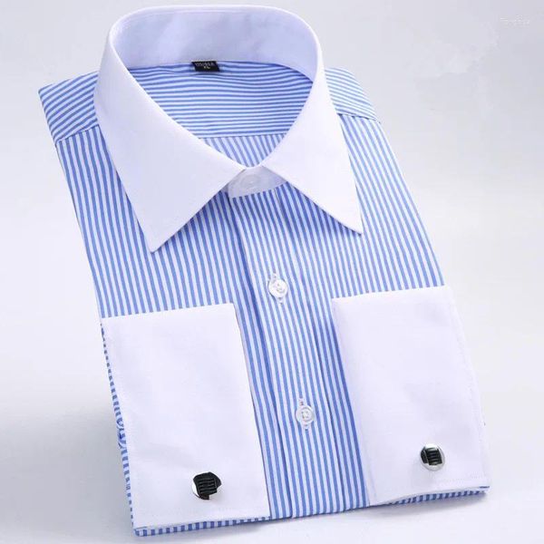 Herren-Hemd-Shirts Klassische französische Manschettenstreifen-Shirt Single Patch Pocket Standard-Fit Langarm Business Social Formal Manschettenknöpfe Top