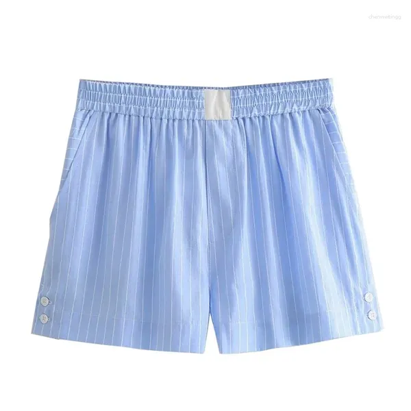 Frauen Nachtwäsche Sommer Blue White Stripes Schlafshorts Basic stilvolle Stretch elastische Hochverschlussschnalle kurze Weitbeinhosen