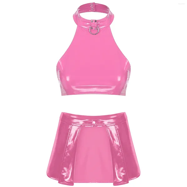 Da bagno da bagno femminile femminile in pelle lucida set di lingerie o ad anello cazzo di colture senza maniche senza schienale con minigonna frontale aperta rave