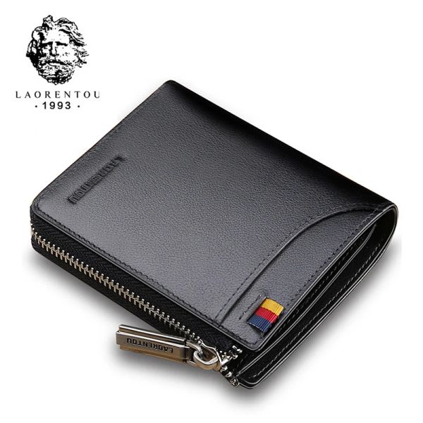 Brieftaschen Laorentou Geschäft Herren Kurzer Brieftasche kleiner Kartenhalter Echtes Leder Mode Münze Ceilguthone Standard Clutch Money Bag Männlich