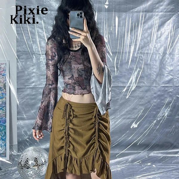 Magliette da donna pixiekiki farfly mesh crop top a v-scolare camicia a manicotto per fiasa da donna fata grunge trash deia