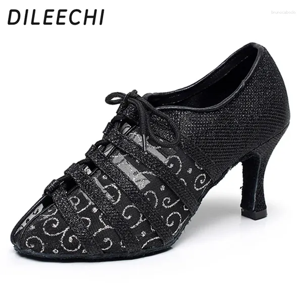 Sapatos de dança Dileechi Marca Autumn Lace Black Latin Feminino Adultos Ballroom Dança Solidada Sofrea Botas de festa