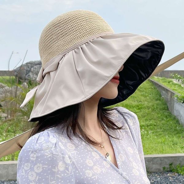 Fisherman di gomma nera all'aperto con paglia da spiaggia di Big Eaves per donne che piegano cotone e canapa Sundi di sole Summer Cool Hat Sulli UV Rays