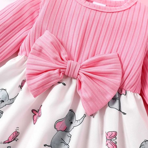 Vestidos de menina, menina garotinha allover estampa de elefante, vestido de manga longa com nervuras sólidas com nervuras longas perfeitas para passeios e desgaste diário D240423