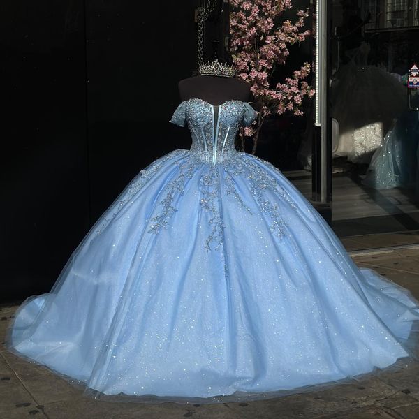 Baby Blue Princesa Quinceanera Vestidos Prom Vestido de Bola Lantejous Aplicado Off O ombro Vestido de Quinceanera Glitter Tulle 15 Dressão de máscaras