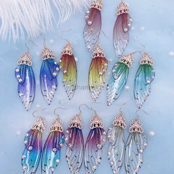 Andere Fairy Rainbow Gradient Harz Schmetterling Flügel Tropfen Ohrringe für Frauen Strass -Glitzer -Simulation Insekten Ohrringe Schmuck 240419