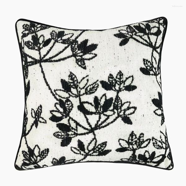 Travesseiro hinyeatex de alta qualidade pesada contemporânea chenille folhas pretas de decoração bege preto estojo de decoração 45x45cm 1 pacote de 1 PC