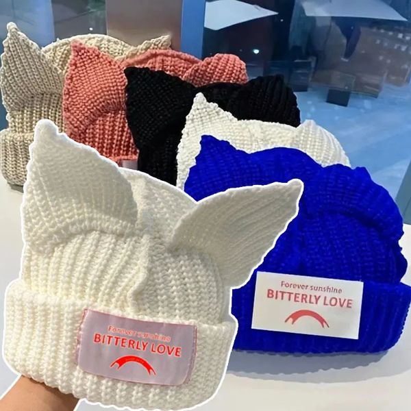 INS Katze Ohr -Strick -Wollhut Frauen Modekappe Mützen Winter warmes Schweinohrohr Wollhüte Design Kpop Persönlichkeit Bonnet 240419