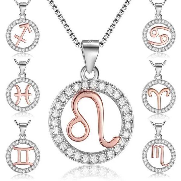 Anhänger Halsketten Langkettige Halskette 925 Sterling Silber Roségold Schmuck Frauen Frauen 12 Sternbilder funkeln