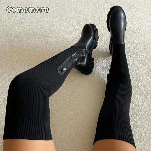 Stiefel Comemore 2024 Herbst Winter atmungsaktivem Strick -Socken Damen Oberschenkel Hochstiefel Stretchschuhe Frauen Dicke Sohle Plus Größe 42 43