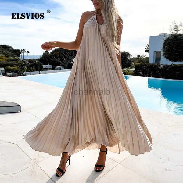 Основные повседневные платья Summer Vestidos Fashion Beach Women Maxi Maxi платье с твердым цветом повседневной рукавов. Halter v Neck Высокая талия плиссированные платья 240419