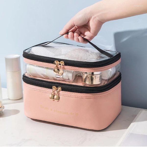 Bolsas de armazenamento Multifunction Double Transparent Cosmetic Bag Women PU Leather Make Up Case Travel Makeup Organizador de higiene pessoal beleza