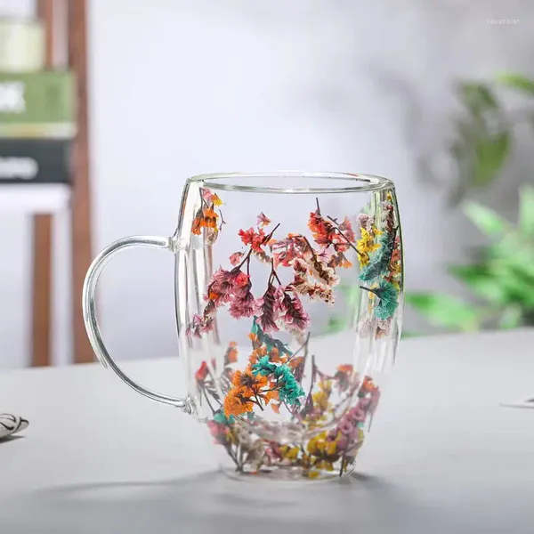 Becher kreatives Doppelwandglas mit trockener Blumenbecher Tasse Schicht Becher Glitzer Füllungen für Kaffeesaft Milch Schüler Geschenke