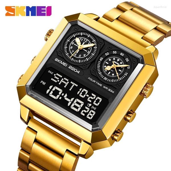 Нарученные часы Skmei Square Mircor Mary Gold Stainless Steel Steel Authentic Men's Electronic Watch 4 Time Timer Tail