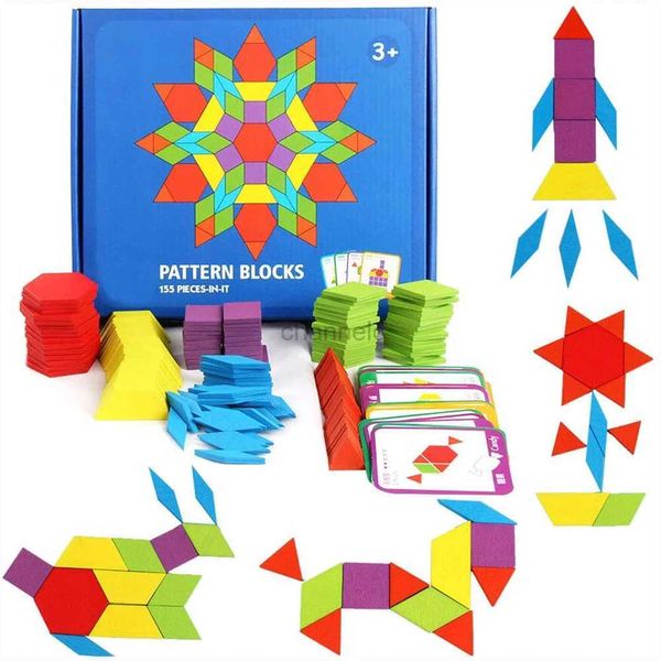 Puzzle 3d 155 pezzi Blocchi di motivi in legno Set di forme geometriche Puzzle Kindergarten Classic Educational Montessori Tangram Toys for Kids 240419
