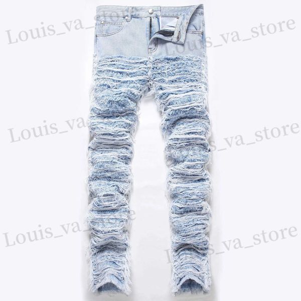 Jeans masculinos Homens industriais pesados europeus empilhados jeans não-rígidos calças retas de jeans de tassel desgastado T240419