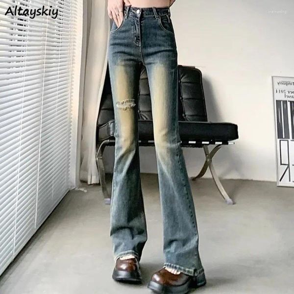 Frauen Jeans Frauen Flare hohe Taille Vintage Slim Bleached Löcher Streetwear Trendy Denim Fashion Ripped All-Match Y2K Retro