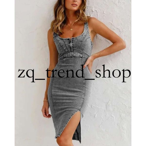 Lässige Kleider 2024 Sommer Mode sexy Seiten geteilte ärmellose dünne Vintage Reißverschluss UP Verband Elegant Gurt Denim Kleid Frauen Jeans Kleid 7 87